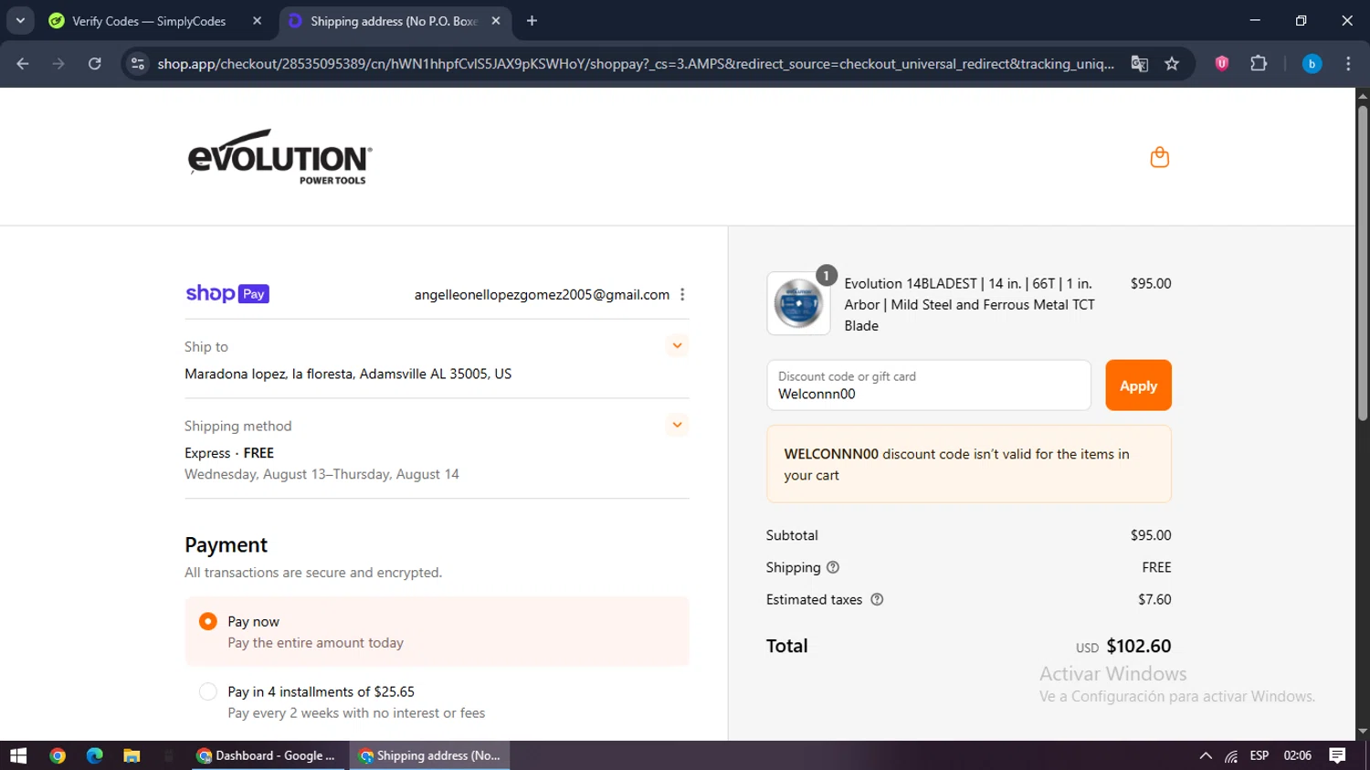 Evolution Power Tools discount code screenshot showing code Welconnn00 applied at Evolution Power Tools checkout page. Uploaded by SimplyCodes community member bilijr on Aug 12, 2025
