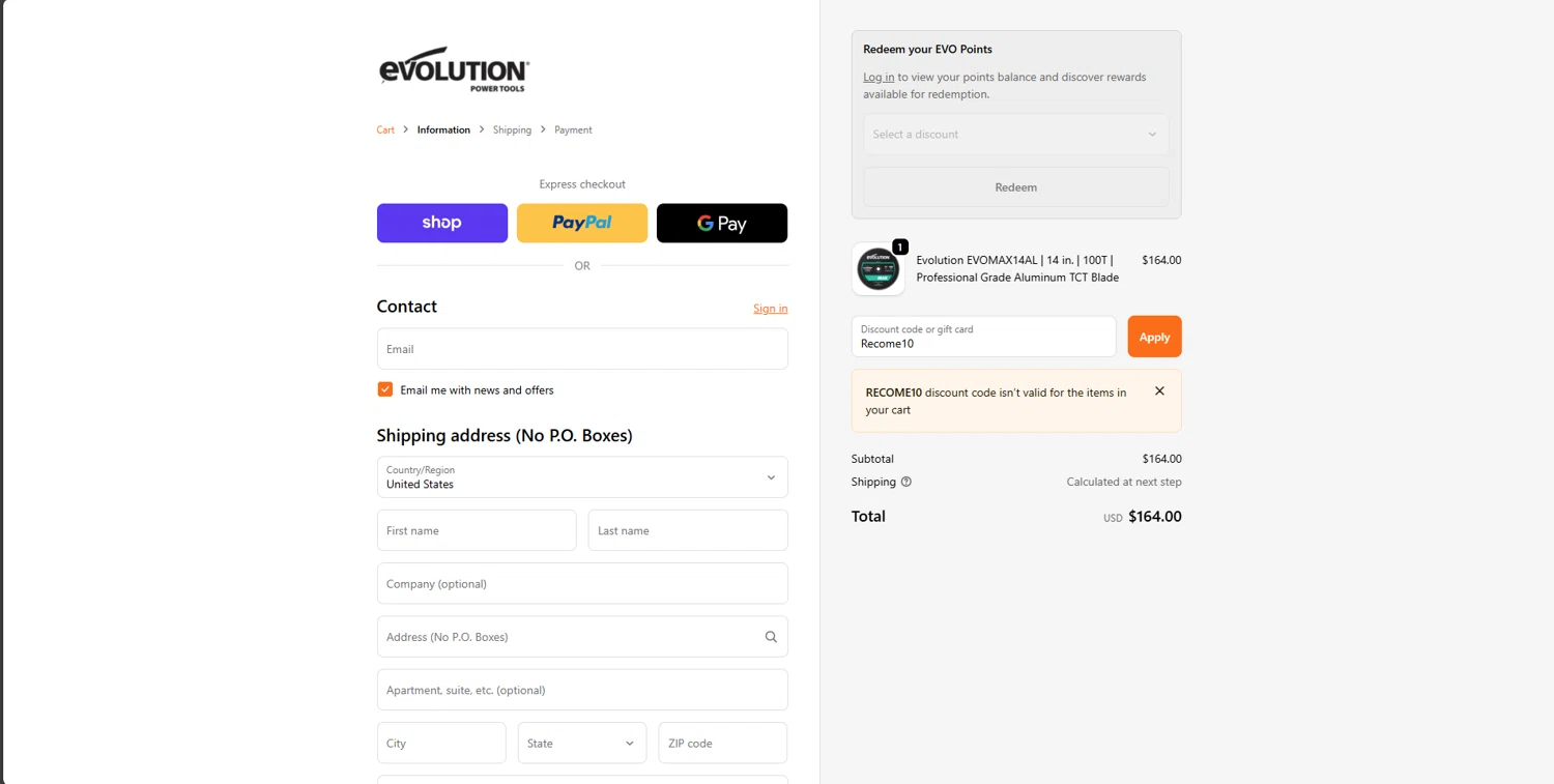 Evolution Power Tools discount code screenshot showing code Recome10 applied at Evolution Power Tools checkout page. Uploaded by SimplyCodes community member brrrrr on Nov 13, 2025