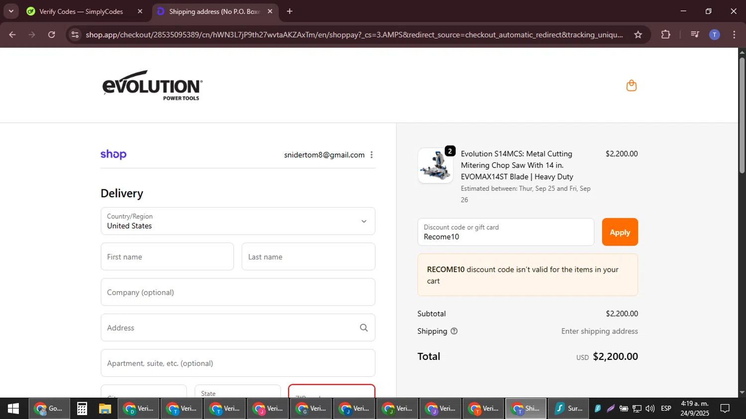 Evolution Power Tools discount code screenshot showing code Recome10 applied at Evolution Power Tools checkout page. Uploaded by SimplyCodes community member snidertom8 on Sep 24, 2025