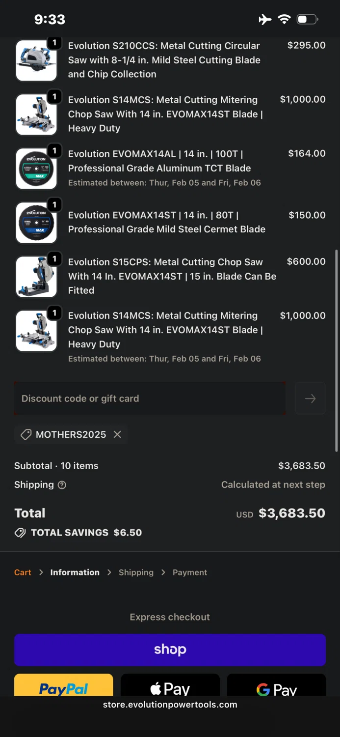 Evolution Power Tools checkout page showing Evolution Power Tools discount code box | Screenshot taken by SimplyCodes community member on Feb 4, 2026
