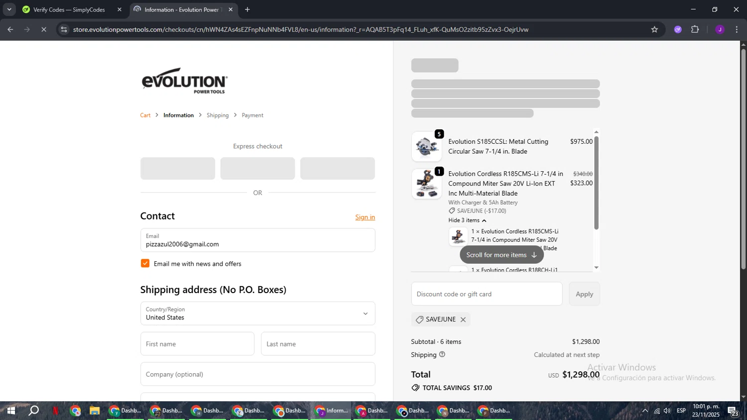 Evolution Power Tools discount code screenshot showing code savejune applied at Evolution Power Tools checkout page. Uploaded by SimplyCodes community member ComeBurra123 on Nov 24, 2025