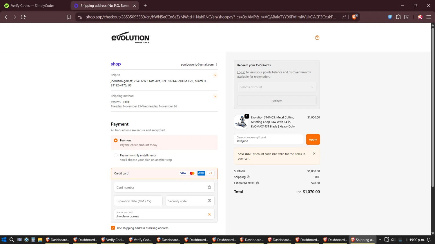 Evolution Power Tools discount code screenshot showing code savejune applied at Evolution Power Tools checkout page. Uploaded by SimplyCodes community member JhonatanGomez on Nov 24, 2025