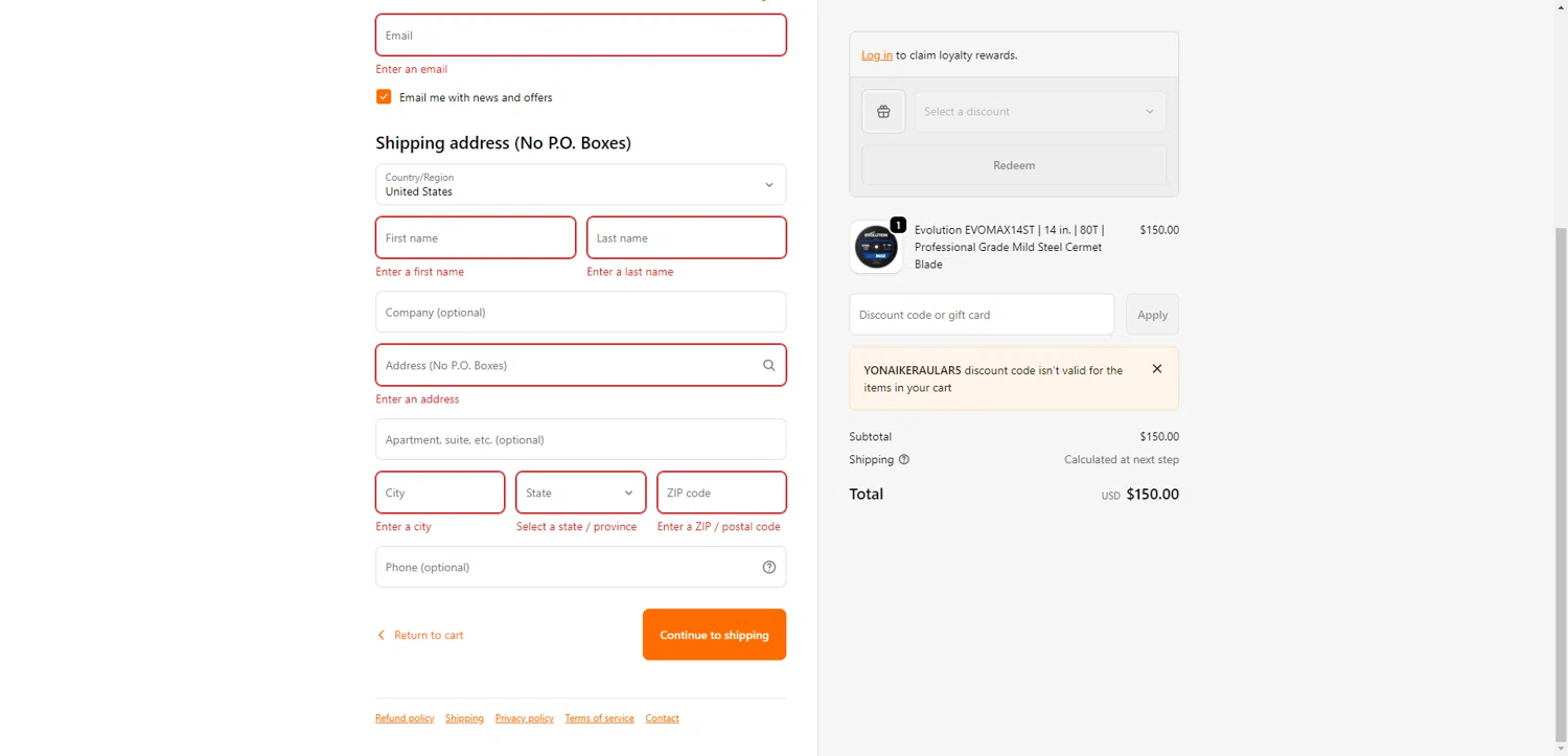Evolution Power Tools checkout page showing Evolution Power Tools discount code box | Screenshot taken by SimplyCodes community member on Feb 7, 2026
