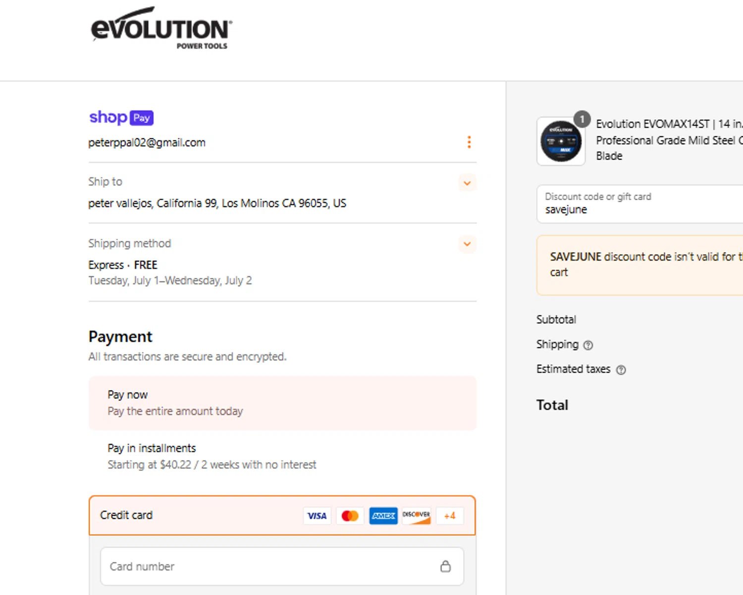 Evolution Power Tools discount code screenshot showing code savejune applied at Evolution Power Tools checkout page. Uploaded by SimplyCodes community member FortunateTracker3932 on Jun 28, 2025