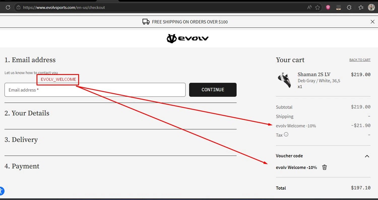 Evolv promo code screenshot showing code EVOLV_WELCOME applied at Evolv checkout page. Uploaded by SimplyCodes community member HonestVzla on Apr 26, 2026