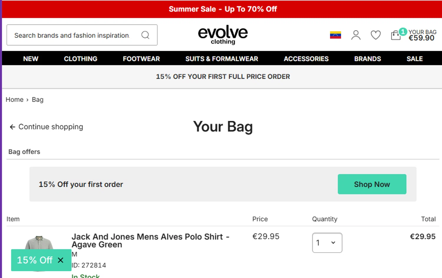 Evolve Clothing checkout page showing Evolve Clothing promo code box | Screenshot taken by SimplyCodes community member on Aug 3, 2025