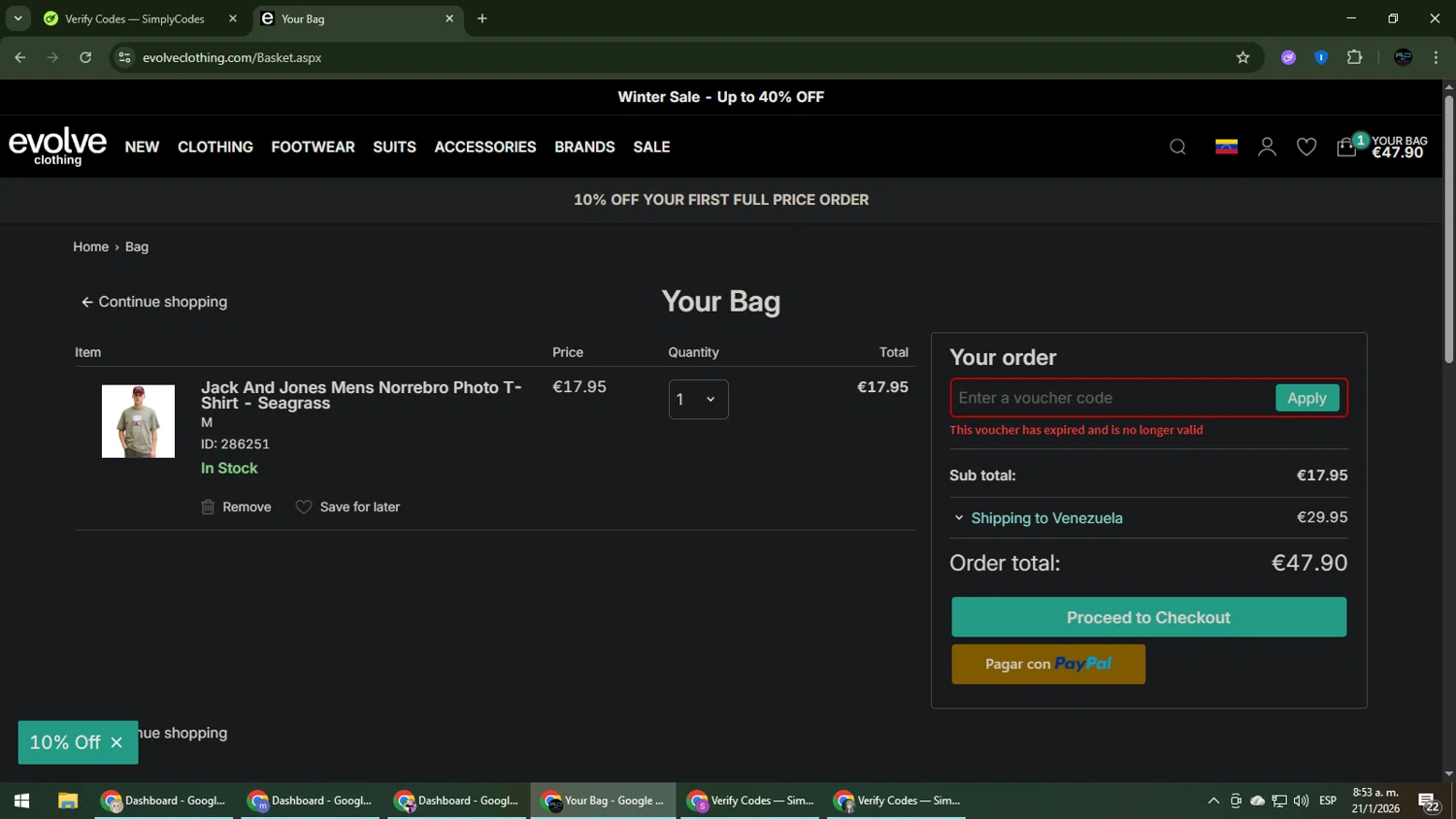 Evolve Clothing promo code screenshot showing code vip15 applied at Evolve Clothing checkout page. Uploaded by SimplyCodes community member CarmenVGR on Jan 21, 2026