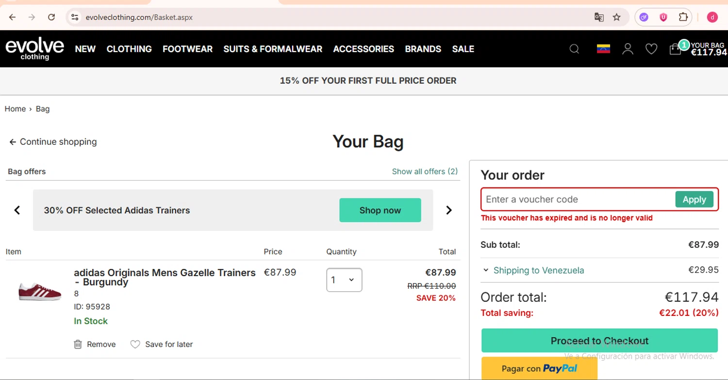 Evolve Clothing promo code screenshot showing code TRAINER20 applied at Evolve Clothing checkout page. Uploaded by SimplyCodes community member LegendaryHunter6399 on Oct 17, 2025