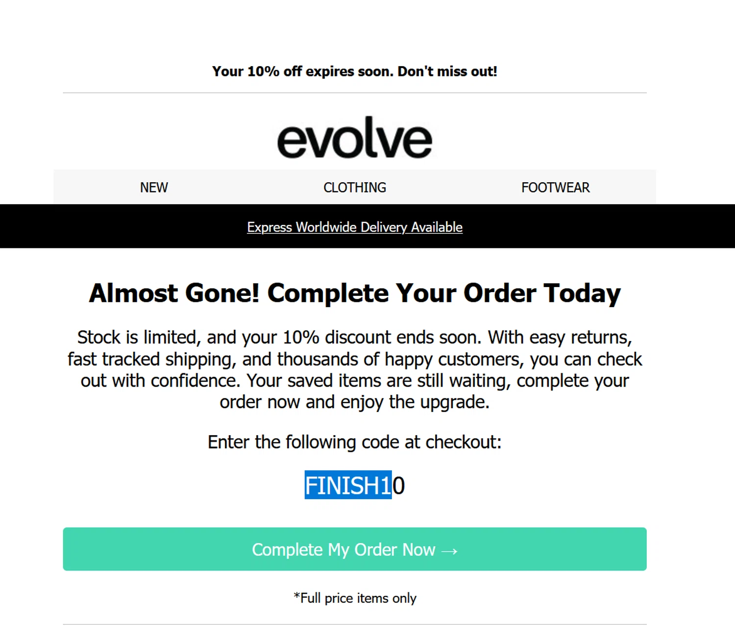 Evolve Clothing promo code screenshot showing code FINISH10 applied at Evolve Clothing checkout page. Uploaded by SimplyCodes community member OMPU0408 on Sep 27, 2025
