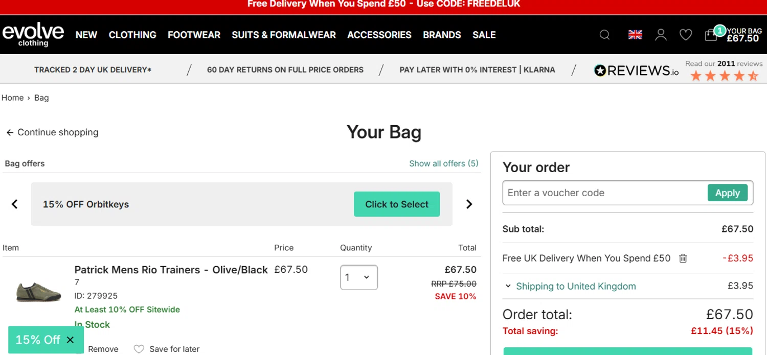 Evolve Clothing promo code screenshot showing code FREEDELUK applied at Evolve Clothing checkout page. Uploaded by SimplyCodes community member javierprez on Oct 13, 2025