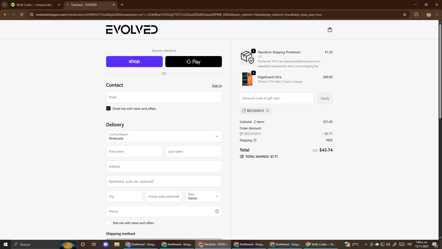 Evolved Chargers discount code screenshot showing code RECOVER15 applied at Evolved Chargers checkout page. Uploaded by SimplyCodes community member El_mynor on Nov 13, 2025