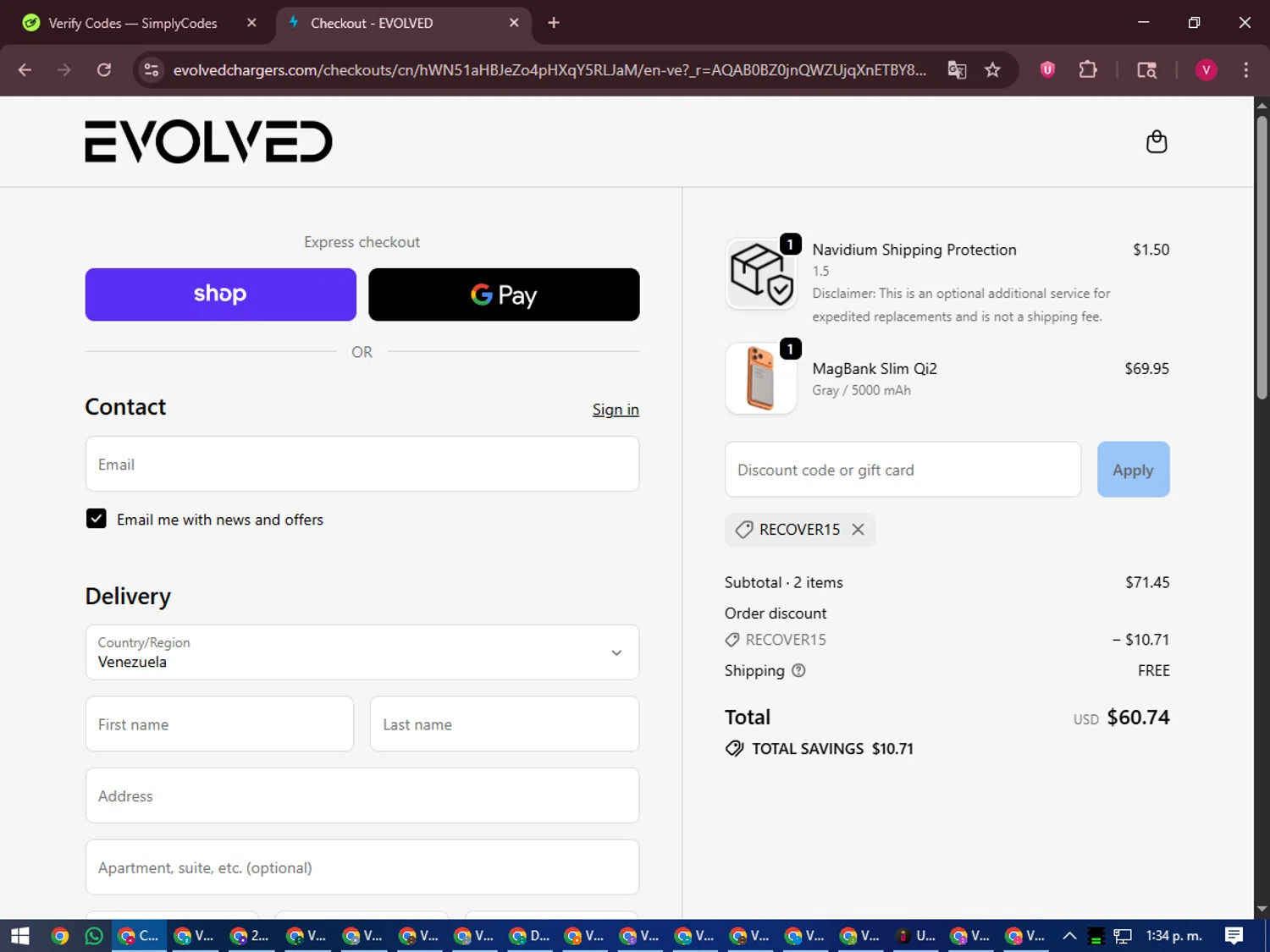 Evolved Chargers discount code screenshot showing code RECOVER15 applied at Evolved Chargers checkout page. Uploaded by SimplyCodes community member ShieldEagle6102 on Nov 7, 2025