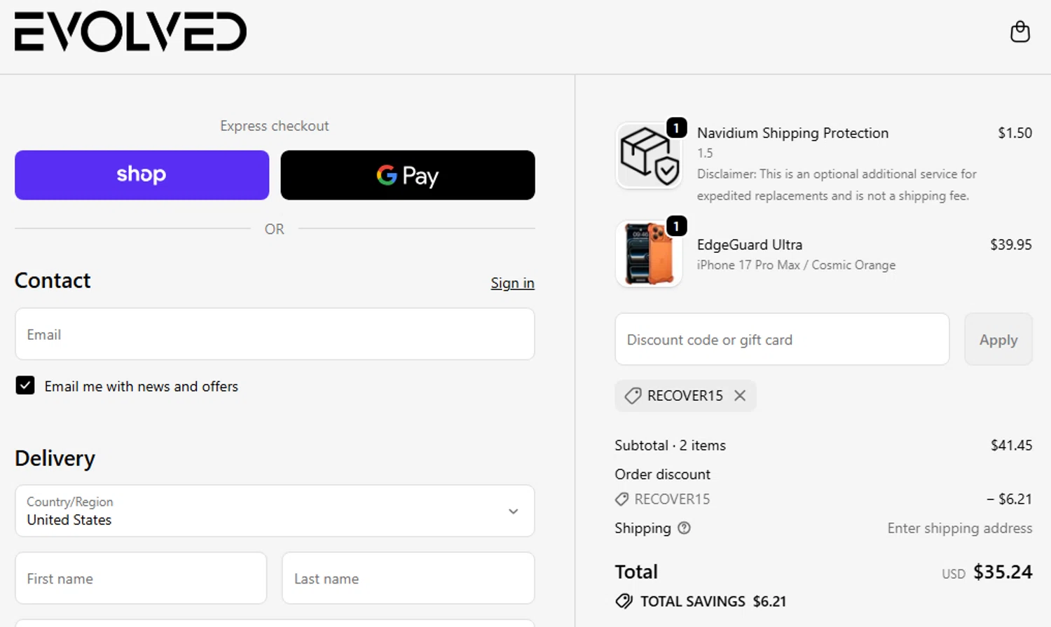 Evolved Chargers discount code screenshot showing code RECOVER15 applied at Evolved Chargers checkout page. Uploaded by SimplyCodes community member Toundjiale on Nov 23, 2025