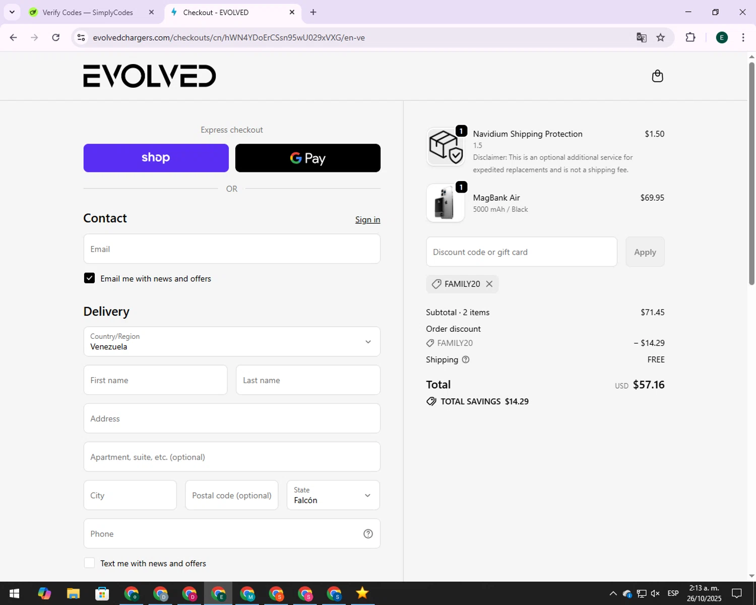 Evolved Chargers discount code screenshot showing code FAMILY20 applied at Evolved Chargers checkout page. Uploaded by SimplyCodes community member 00000006 on Oct 26, 2025