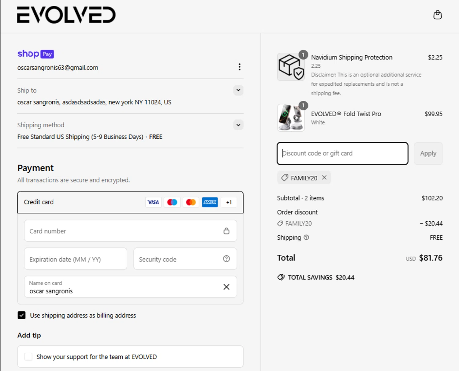 Evolved Chargers discount code screenshot showing code FAMILY20 applied at Evolved Chargers checkout page. Uploaded by SimplyCodes community member La_Cara_Mia on Apr 16, 2025