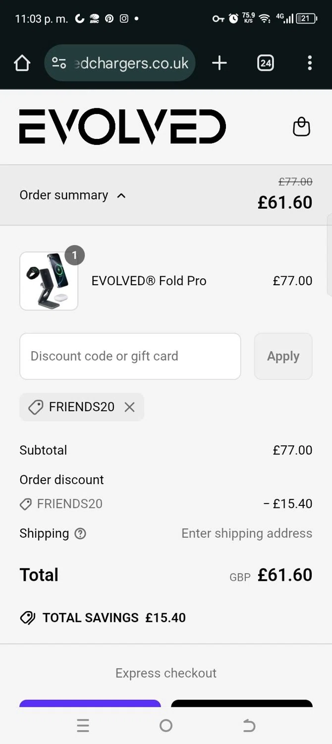 Evolved Chargers discount code screenshot showing code FRIENDS20 applied at Evolved Chargers checkout page. Uploaded by SimplyCodes community member kellymoreno on May 14, 2025