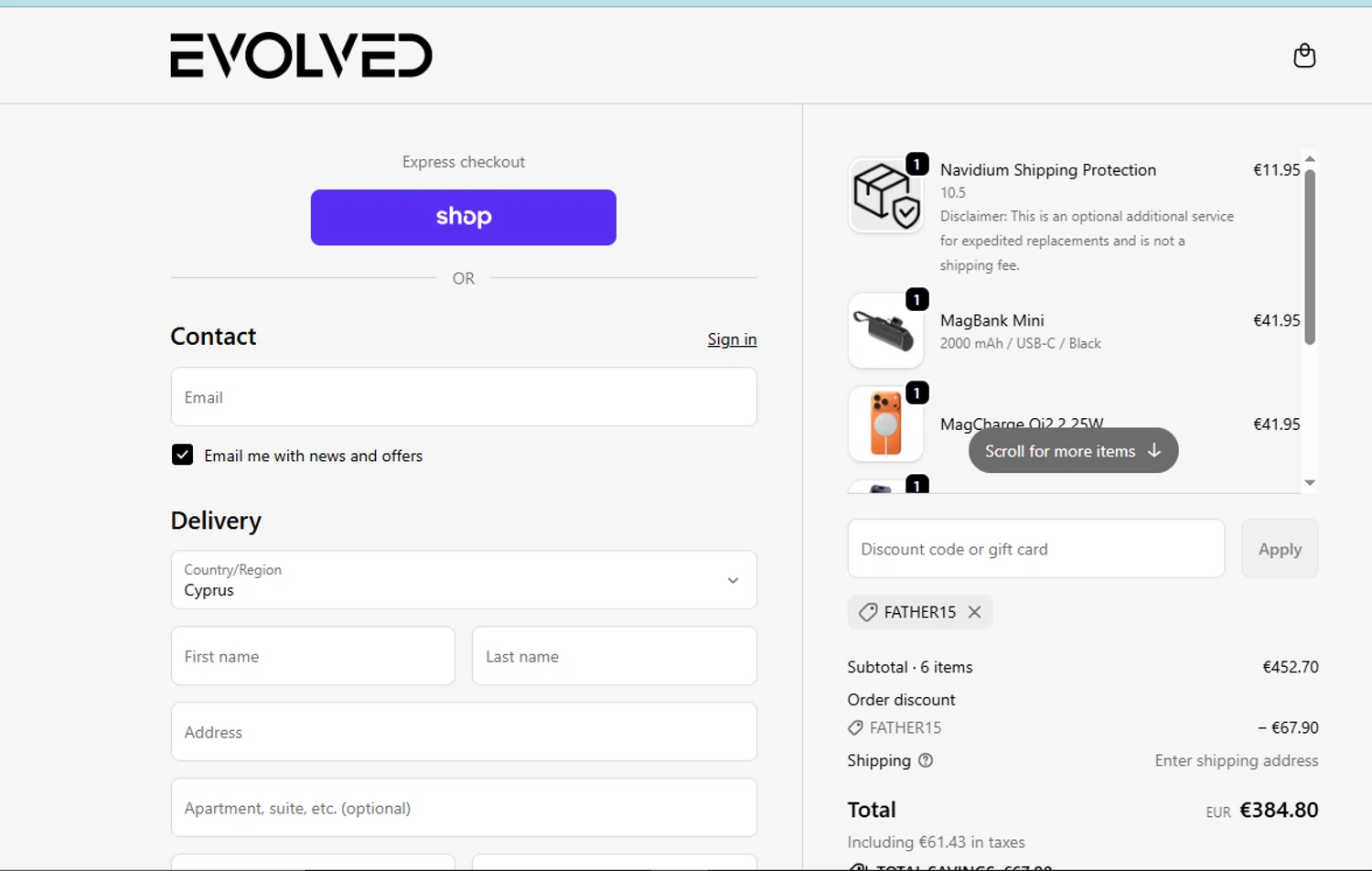 Evolved Chargers discount code screenshot showing code FATHER15 applied at Evolved Chargers checkout page. Uploaded by SimplyCodes community member EpicSpotter6525 on Oct 21, 2025
