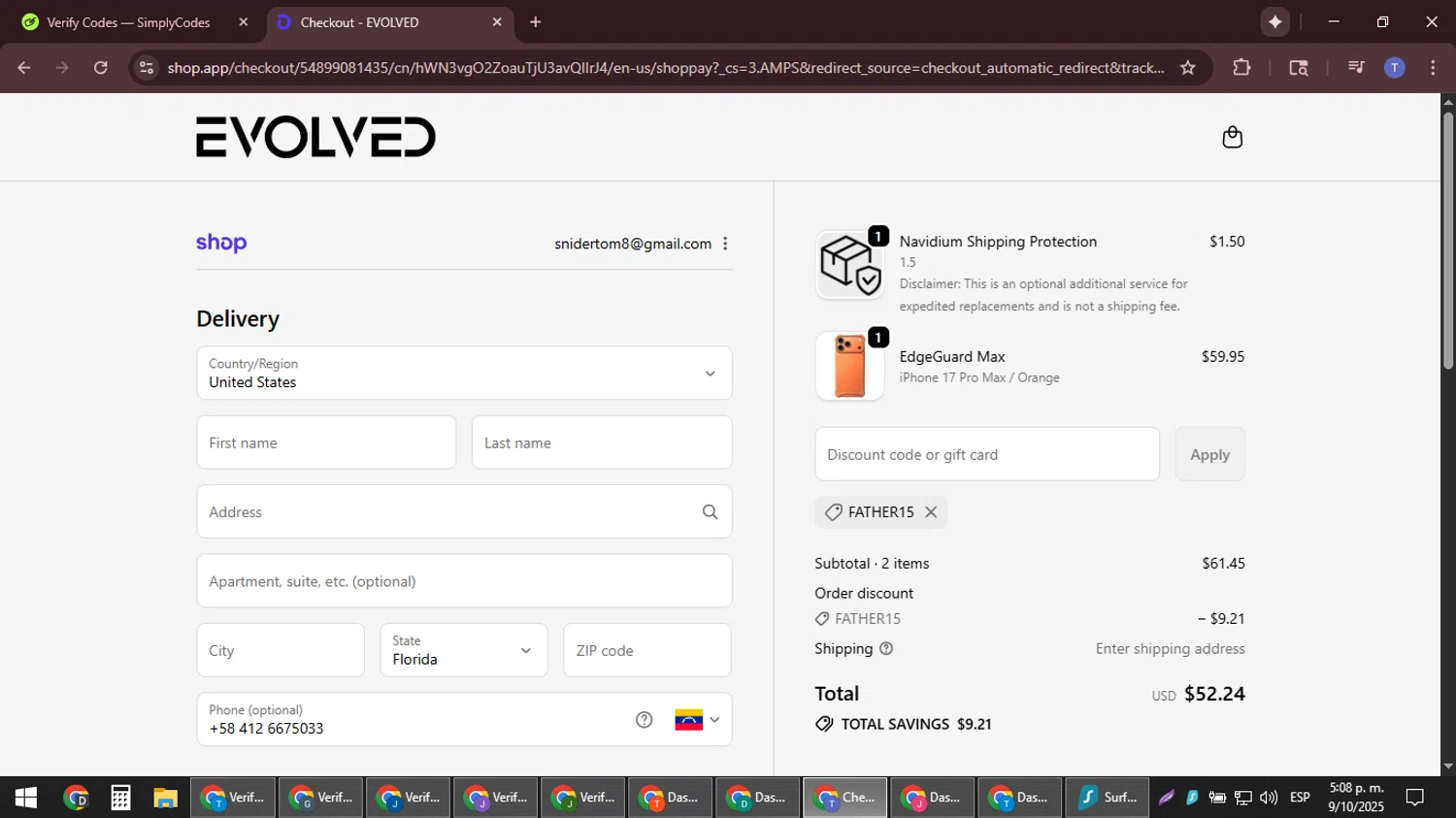 Evolved Chargers discount code screenshot showing code FATHER15 applied at Evolved Chargers checkout page. Uploaded by SimplyCodes community member snidertom8 on Oct 9, 2025