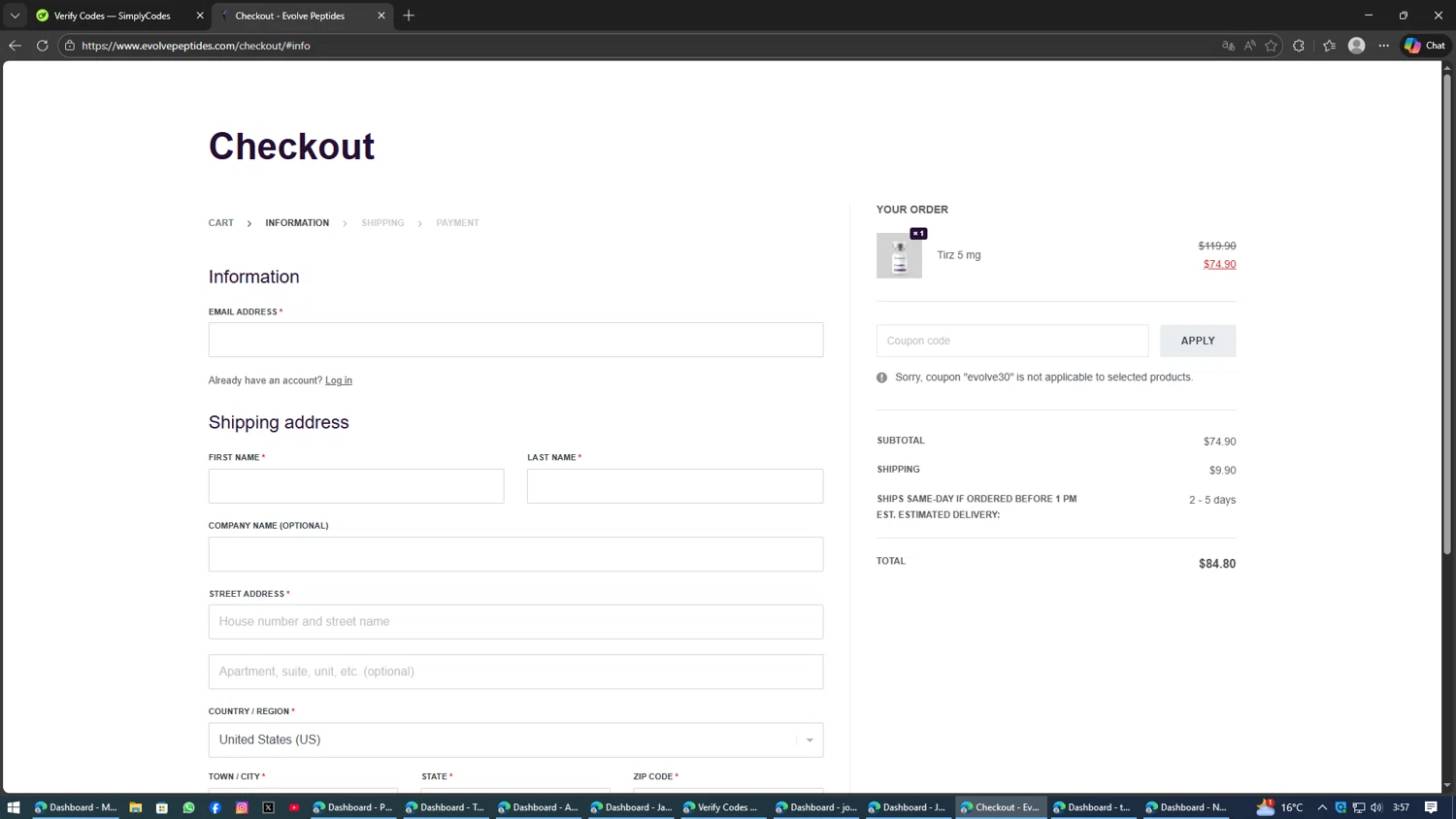 Evolve Peptides checkout page showing Evolve Peptides promo code box | Screenshot taken by SimplyCodes community member on Feb 4, 2026