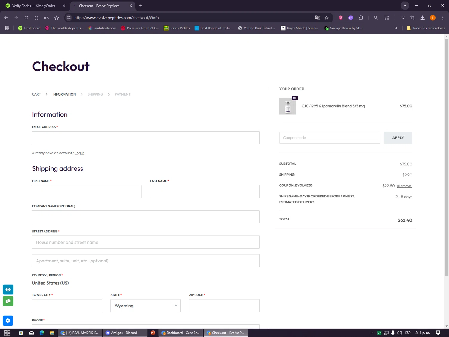 Evolve Peptides promo code screenshot showing code EVOLVE30 applied at Evolve Peptides checkout page. Uploaded by SimplyCodes community member VayneChambeadora on Dec 8, 2025