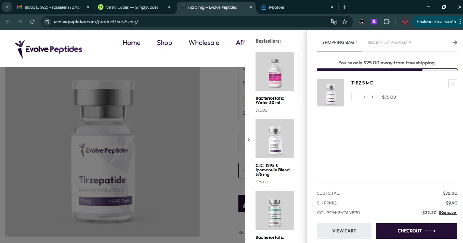 Evolve Peptides promo code screenshot showing code EVOLVE30 applied at Evolve Peptides checkout page. Uploaded by SimplyCodes community member VoucherHero6322 on Dec 23, 2025