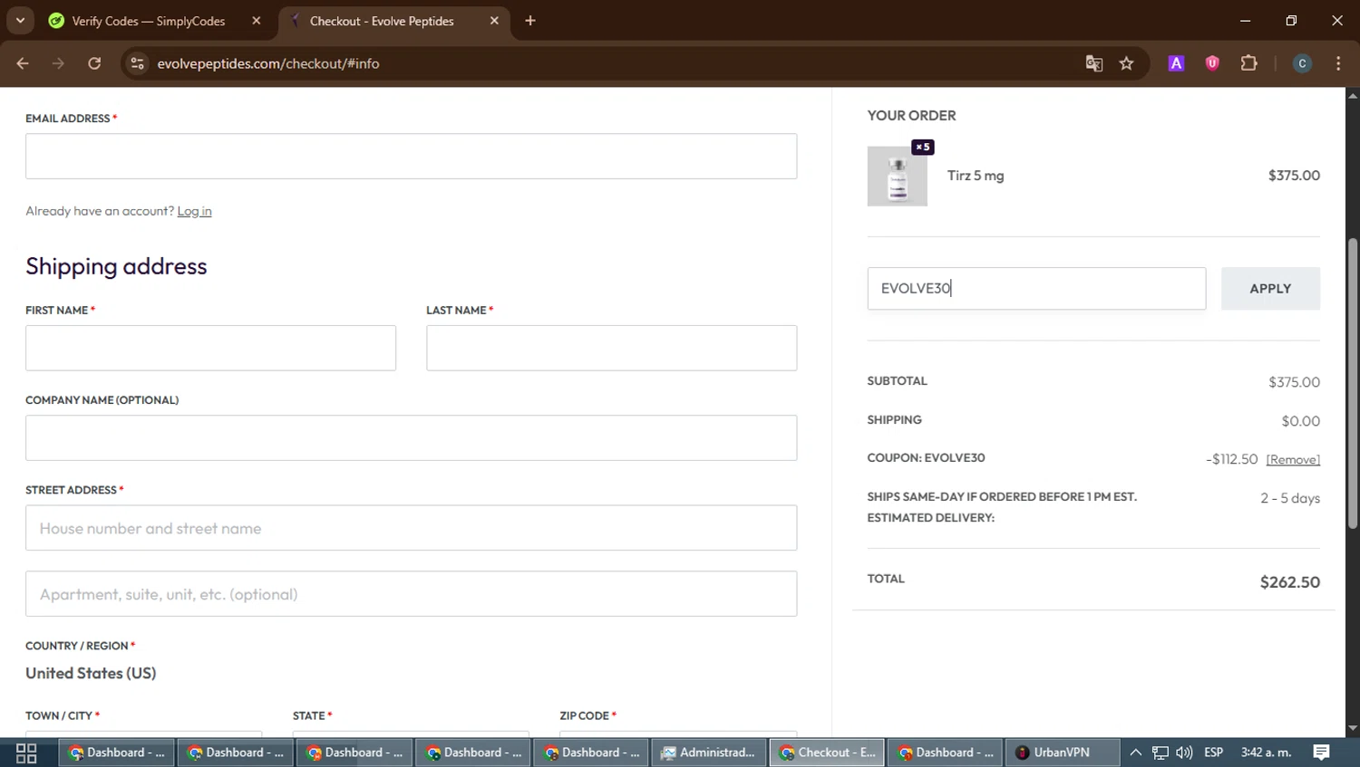Evolve Peptides promo code screenshot showing code EVOLVE30 applied at Evolve Peptides checkout page. Uploaded by SimplyCodes community member benjamnlev on Dec 12, 2025