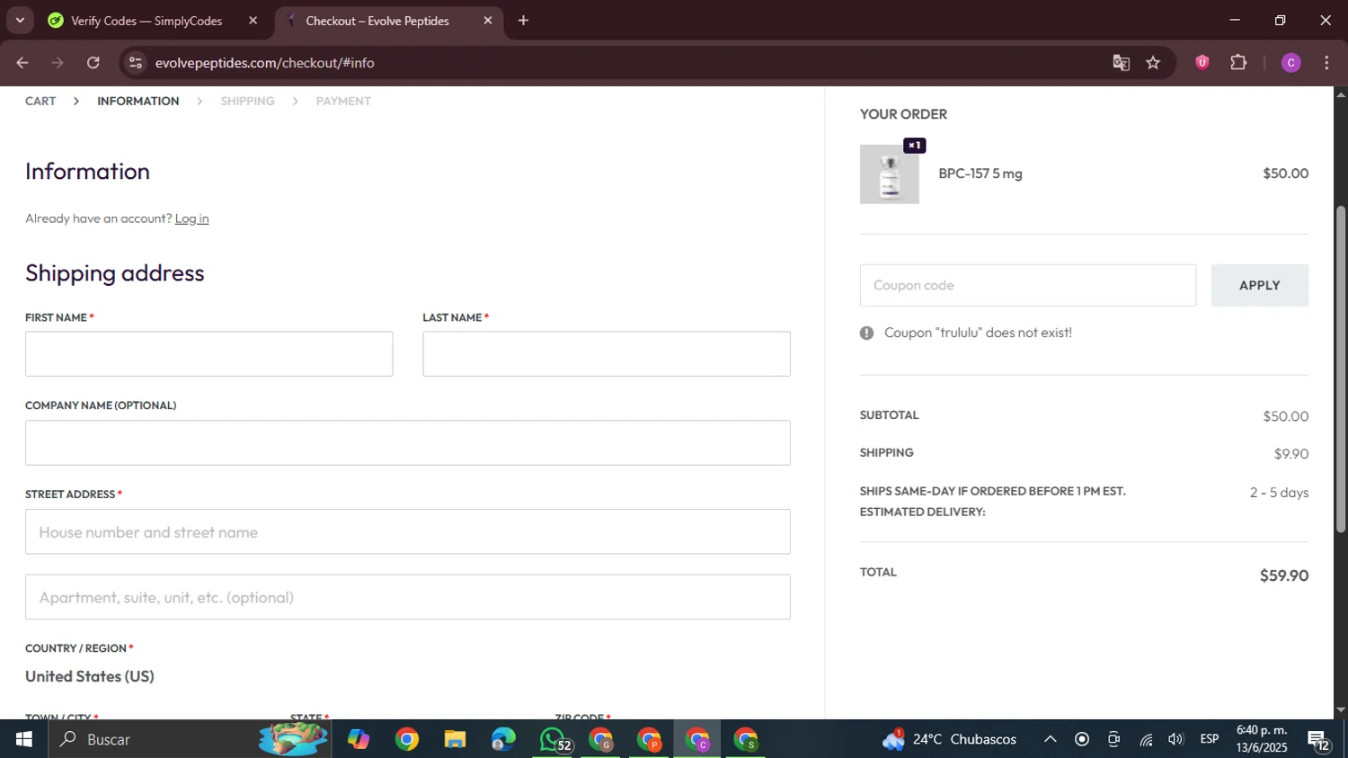 Evolve Peptides promo code screenshot showing code trululu applied at Evolve Peptides checkout page. Uploaded by SimplyCodes community member FrugalPro5078 on Jun 13, 2025