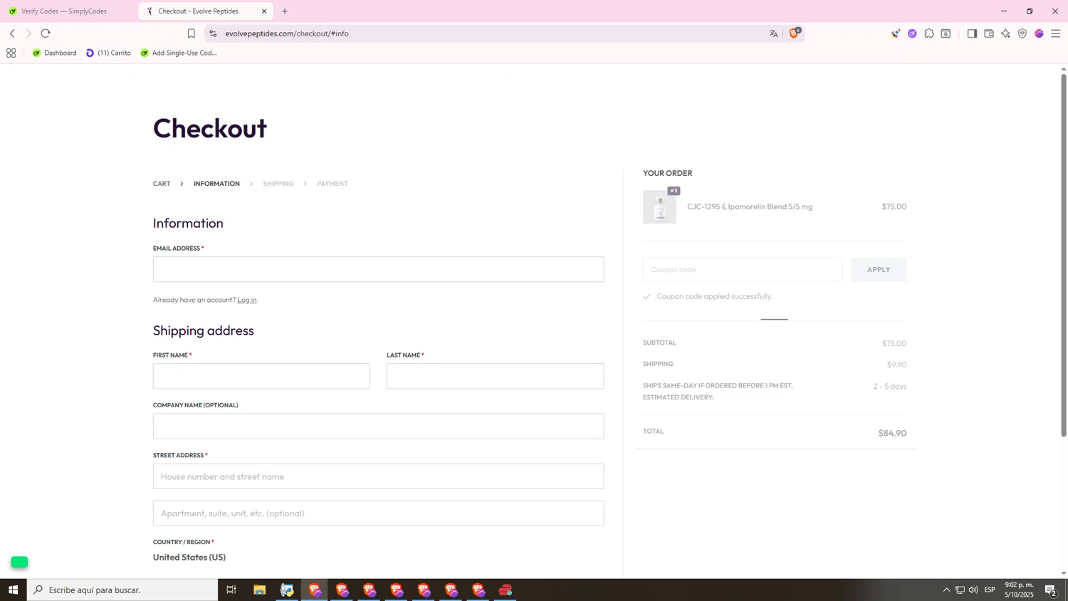 Evolve Peptides promo code screenshot showing code EVOLVE20 applied at Evolve Peptides checkout page. Uploaded by SimplyCodes community member 000000 on Oct 6, 2025