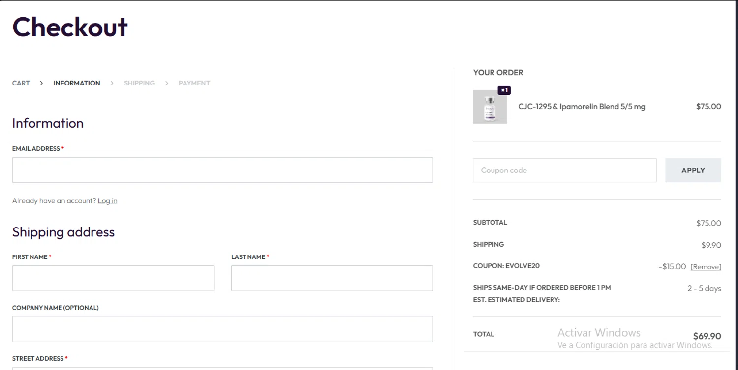 Evolve Peptides promo code screenshot showing code EVOLVE20 applied at Evolve Peptides checkout page. Uploaded by SimplyCodes community member RewardLynx9164 on Oct 6, 2025