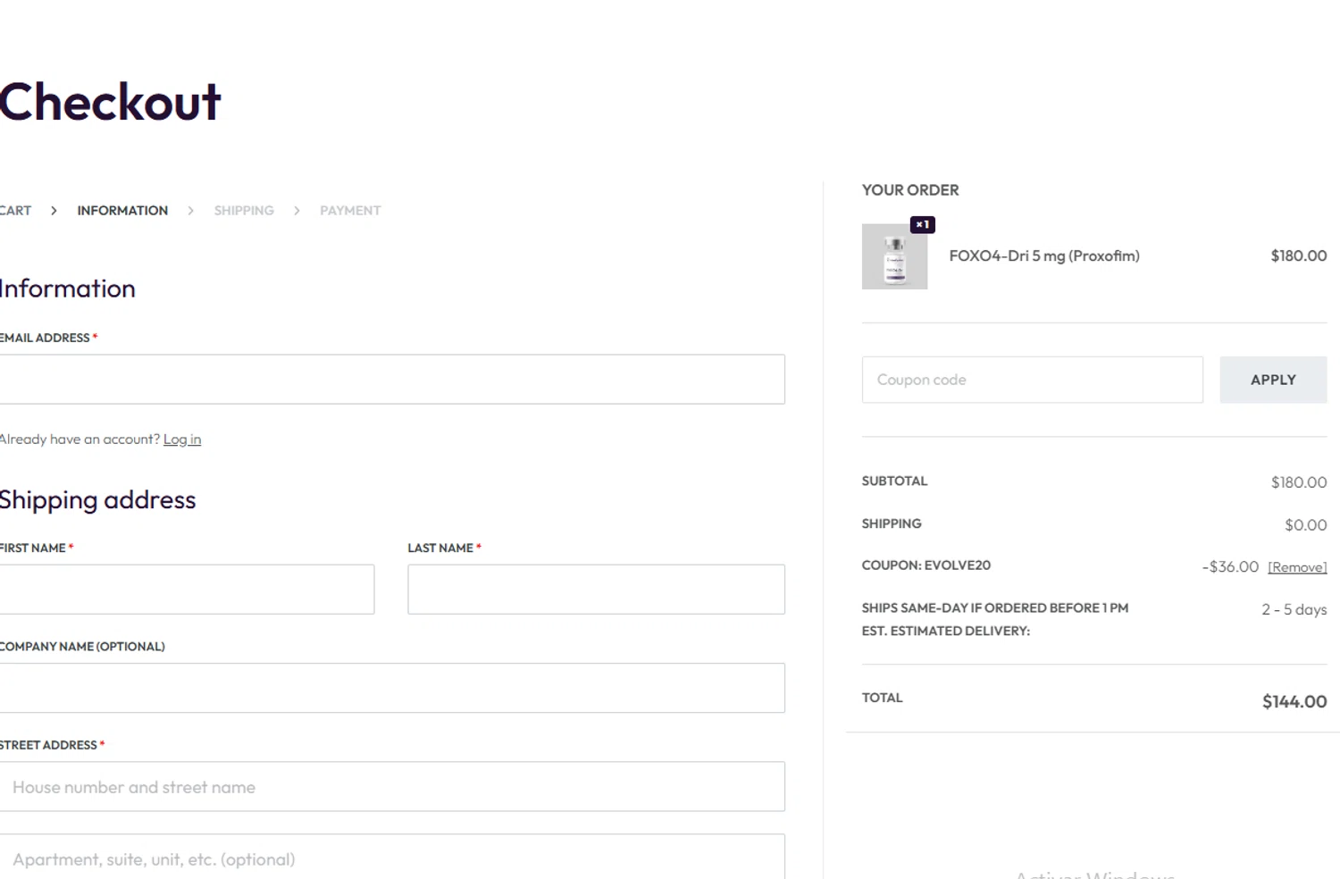 Evolve Peptides promo code screenshot showing code EVOLVE20 applied at Evolve Peptides checkout page. Uploaded by SimplyCodes community member VoucherVirtuoso2520 on Nov 15, 2025