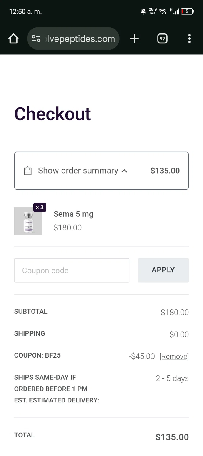 Evolve Peptides promo code screenshot showing code BF25 applied at Evolve Peptides checkout page. Uploaded by SimplyCodes community member Bernado on Dec 30, 2025
