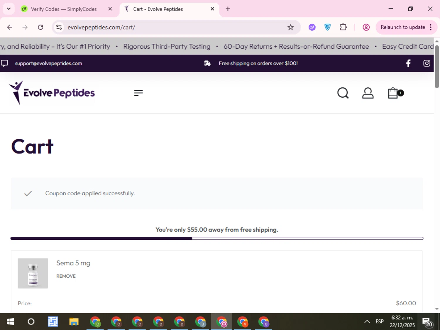 Evolve Peptides promo code screenshot showing code BF25 applied at Evolve Peptides checkout page. Uploaded by SimplyCodes community member QuestCurator1644 on Dec 22, 2025