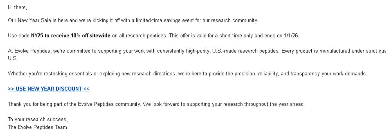 Evolve Peptides promo code screenshot showing code NY25 applied at Evolve Peptides checkout page. Uploaded by SimplyCodes community member Logoteam on Dec 24, 2025