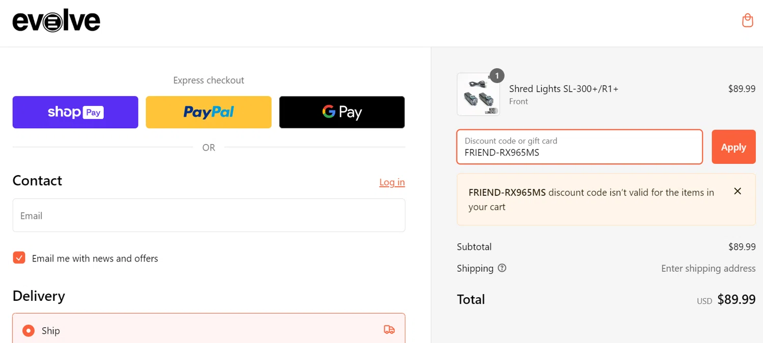 Evolve Skateboards coupon code screenshot showing code FRIEND-RX965MS applied at Evolve Skateboards checkout page. Uploaded by SimplyCodes community member Francisco on Jan 26, 2025