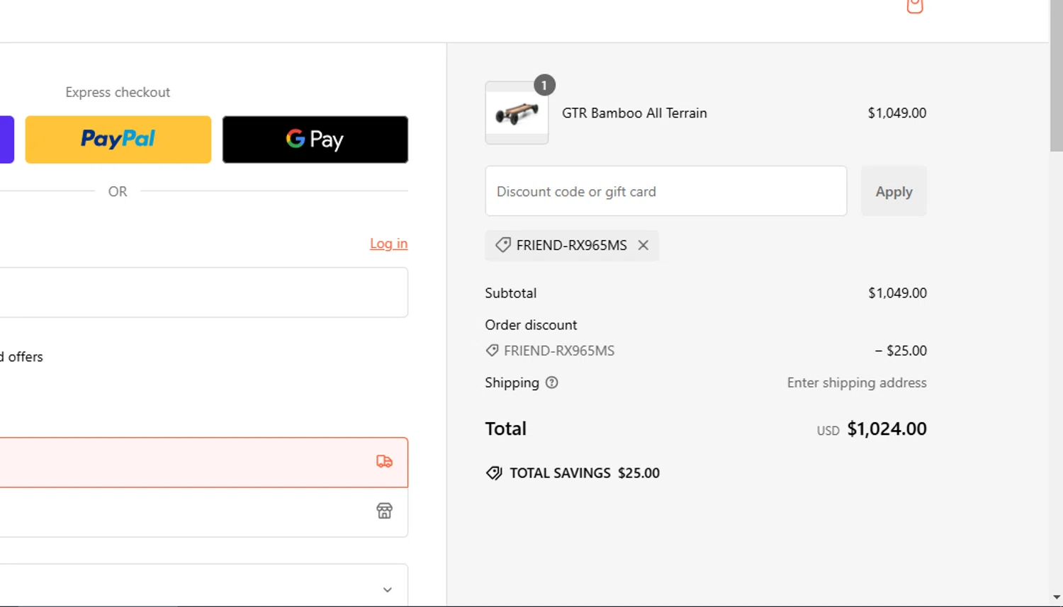 Evolve Skateboards coupon code screenshot showing code FRIEND-RX965MS applied at Evolve Skateboards checkout page. Uploaded by SimplyCodes community member avatar on Dec 30, 2024