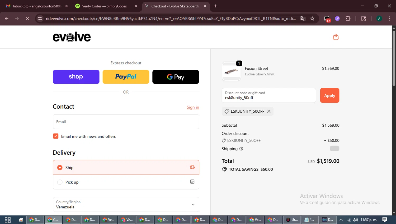 Evolve Skateboards checkout page showing Evolve Skateboards coupon code box | Screenshot taken by SimplyCodes community member on Feb 11, 2026