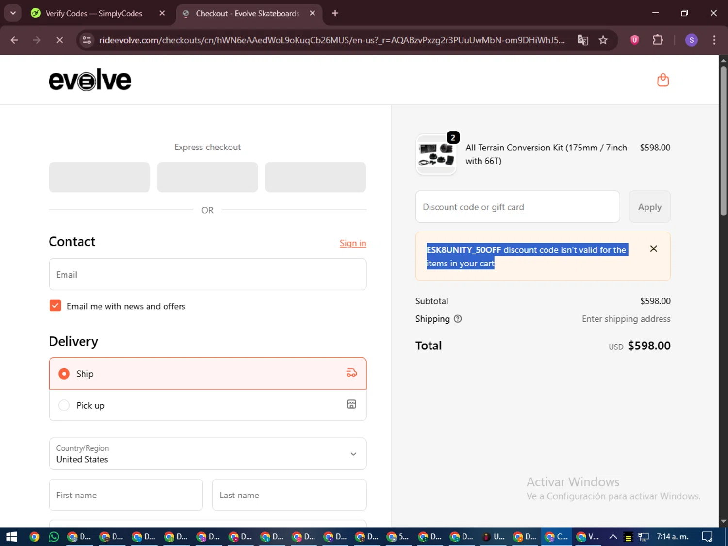 Evolve Skateboards coupon code screenshot showing code esk8unity_50off applied at Evolve Skateboards checkout page. Uploaded by SimplyCodes community member LuckyVoyager688 on Dec 20, 2025
