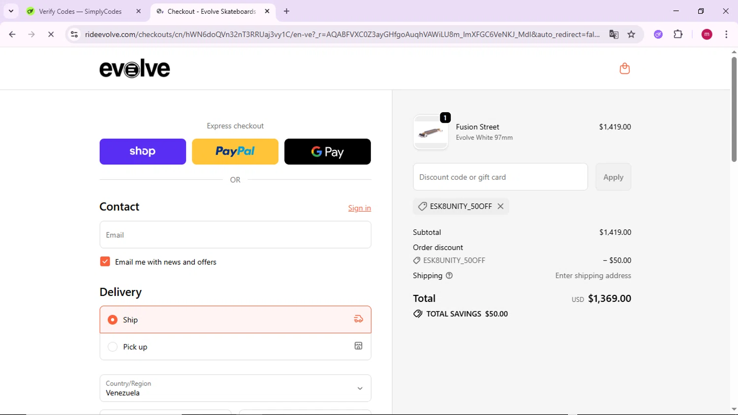 Evolve Skateboards coupon code screenshot showing code esk8unity_50off applied at Evolve Skateboards checkout page. Uploaded by SimplyCodes community member PrimeSage7080 on Dec 20, 2025