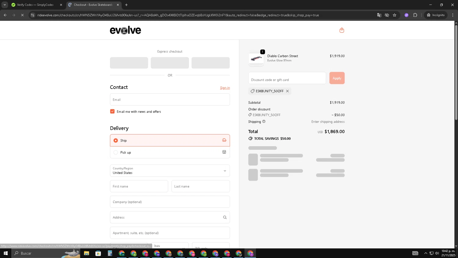 Evolve Skateboards coupon code screenshot showing code esk8unity_50off applied at Evolve Skateboards checkout page. Uploaded by SimplyCodes community member ShrewdSleuth9497 on Nov 22, 2025