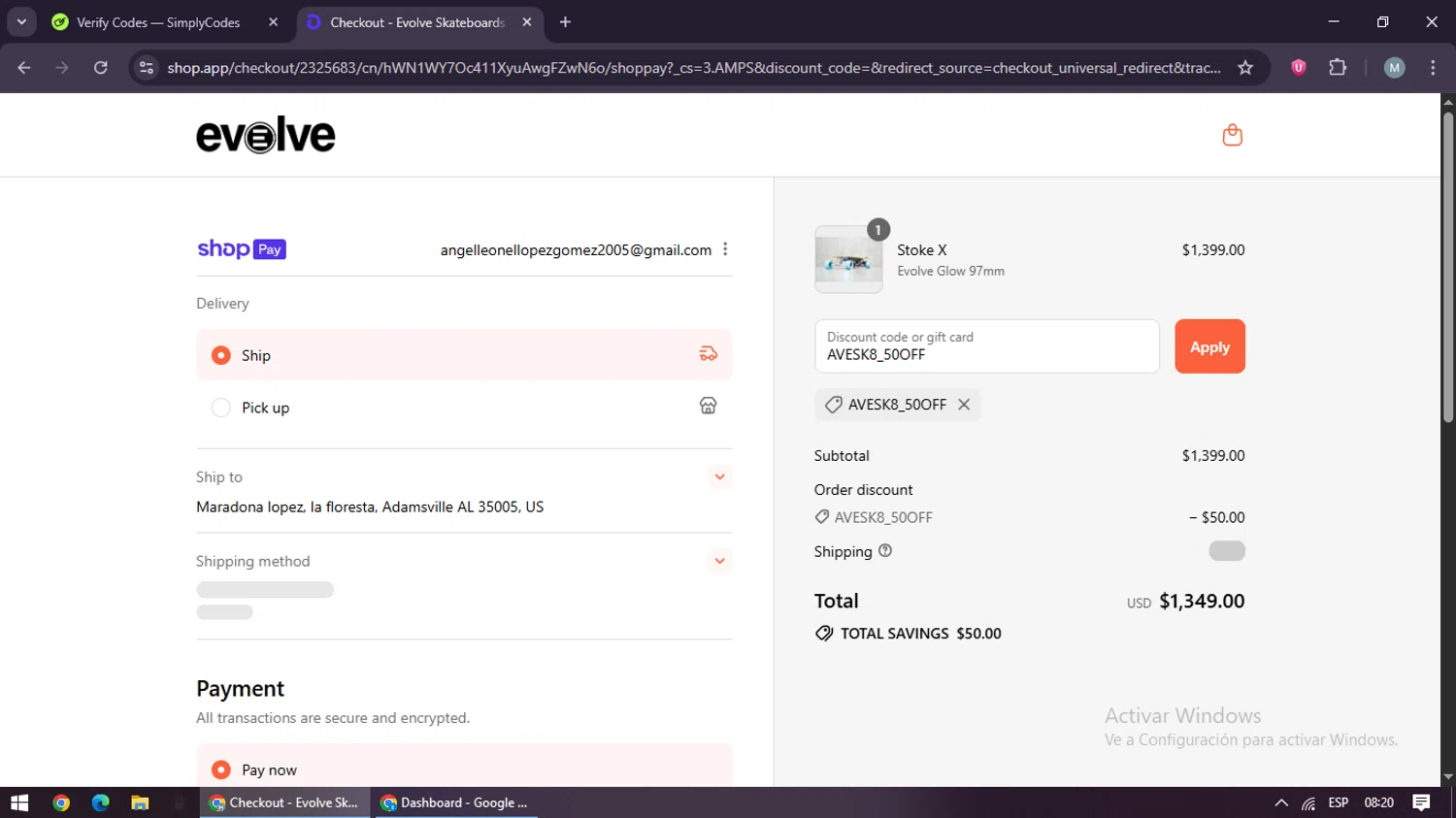 Evolve Skateboards coupon code screenshot showing code AVESK8_50OFF applied at Evolve Skateboards checkout page. Uploaded by SimplyCodes community member maraxo on Aug 7, 2025