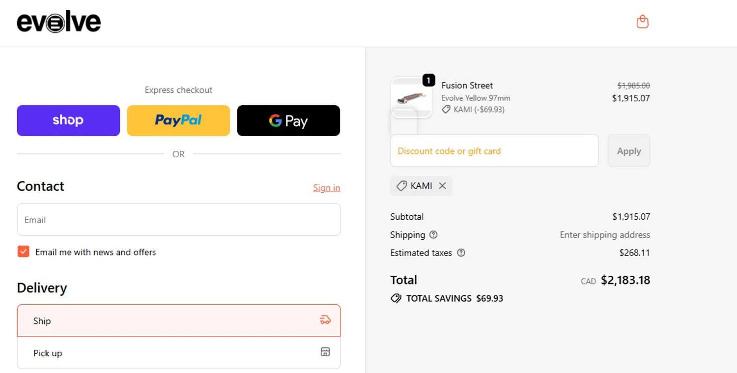 Evolve Skateboards coupon code screenshot showing code KAMI applied at Evolve Skateboards checkout page. Uploaded by SimplyCodes community member PrimeMaverick5747 on Dec 18, 2025