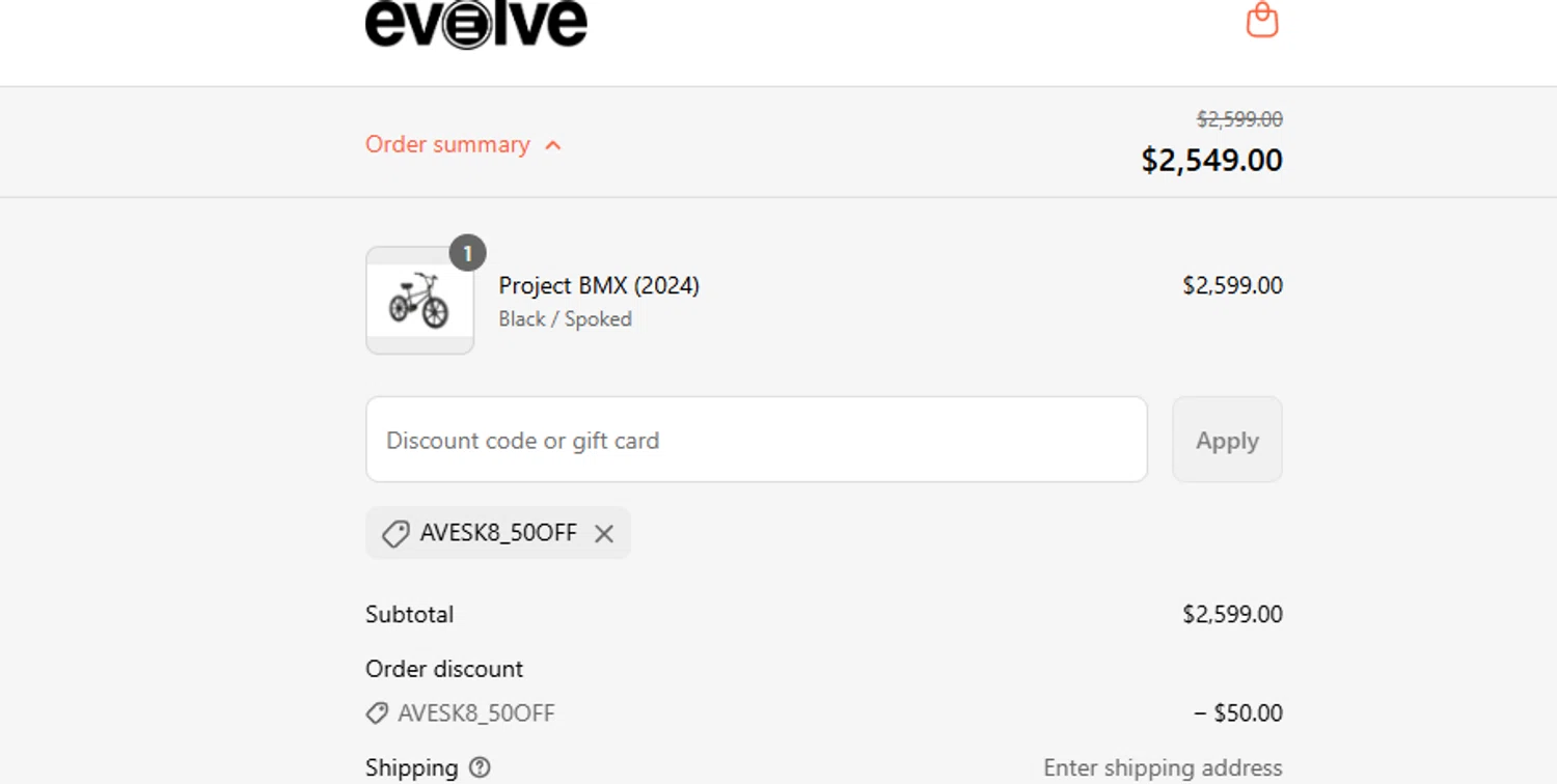 Evolve Skateboards coupon code screenshot showing code AVESK8_50OFF applied at Evolve Skateboards checkout page. Uploaded by SimplyCodes community member ashe1986 on Jul 16, 2025