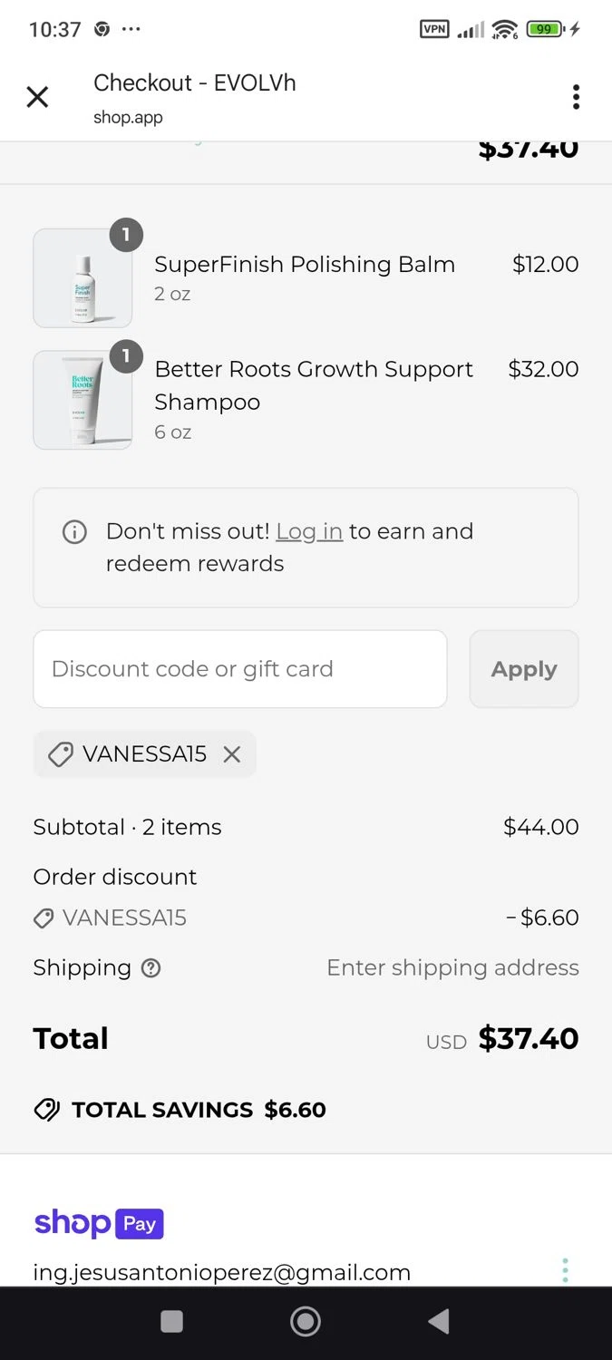 EVOLVh coupon code screenshot showing code vanessa15 applied at EVOLVh checkout page. Uploaded by SimplyCodes community member ShieldWhiz4659 on Jun 24, 2025