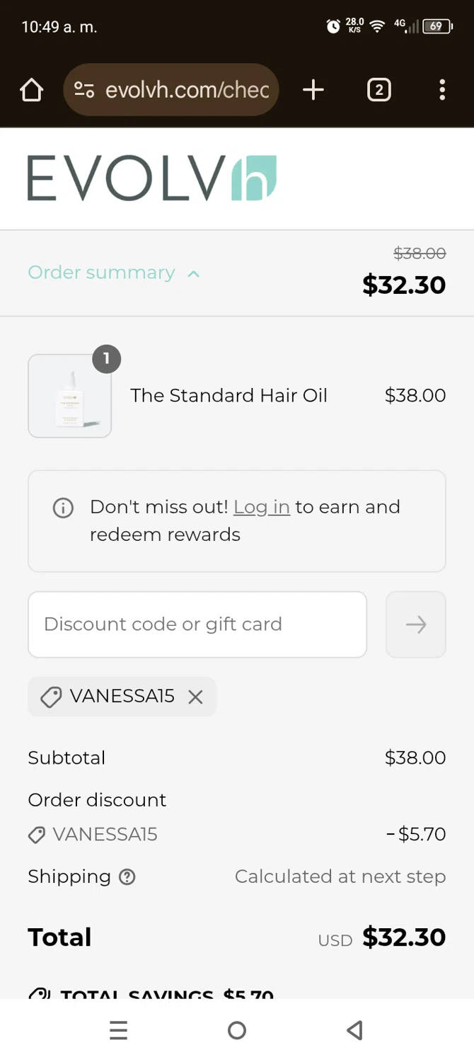 EVOLVh coupon code screenshot showing code vanessa15 applied at EVOLVh checkout page. Uploaded by SimplyCodes community member WladimirV on Jun 24, 2025