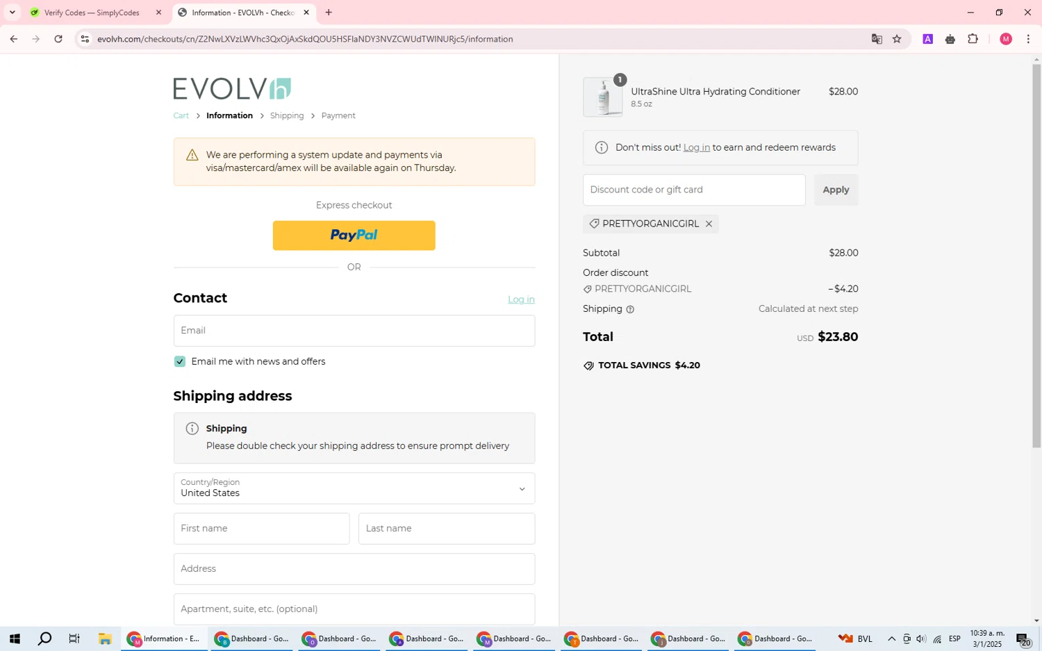 EVOLVh coupon code screenshot showing code prettyorganicgirl applied at EVOLVh checkout page. Uploaded by SimplyCodes community member DealWizard5321 on Jan 3, 2025