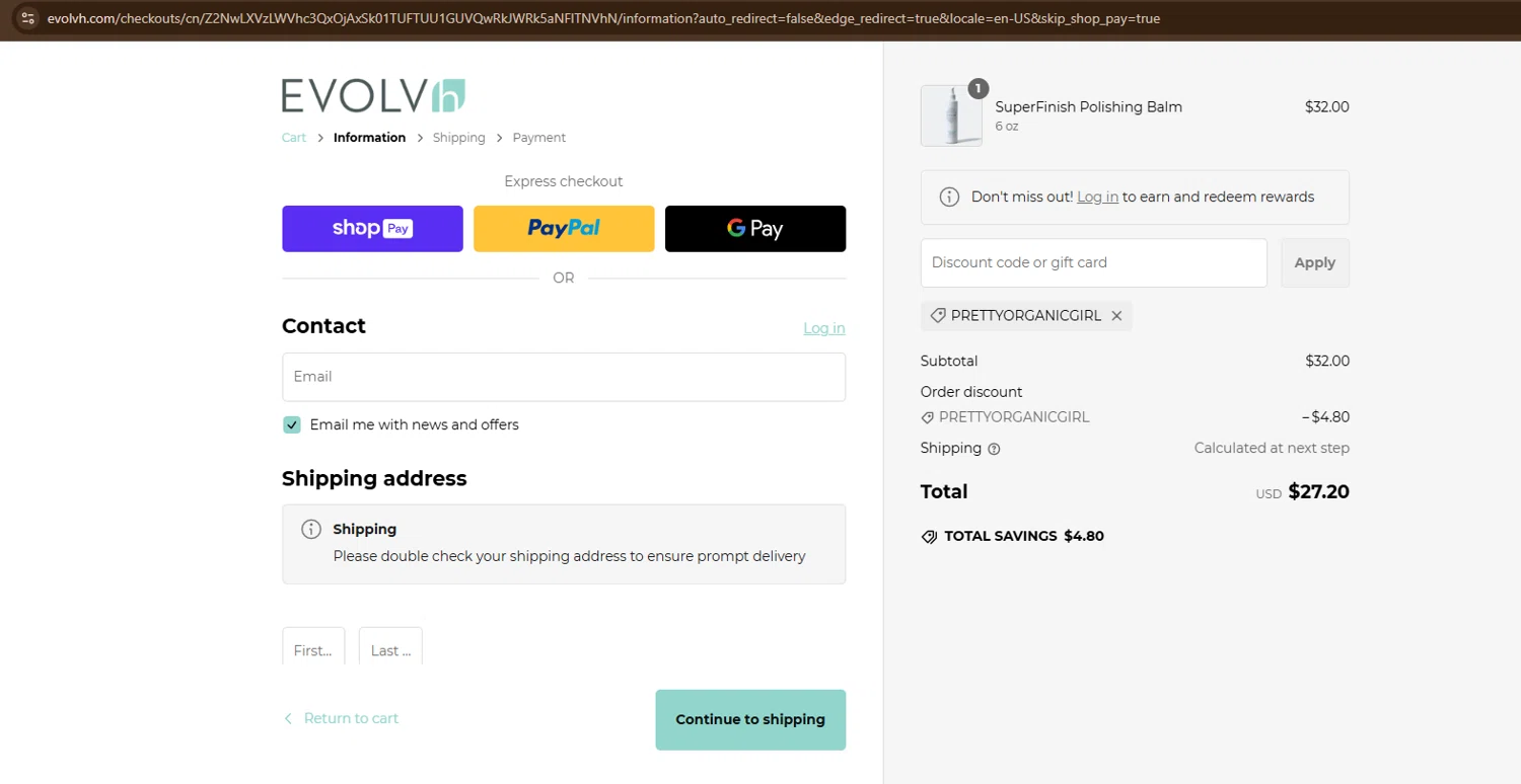 EVOLVh coupon code screenshot showing code prettyorganicgirl applied at EVOLVh checkout page. Uploaded by SimplyCodes community member GloriousFinder1377 on Feb 15, 2025