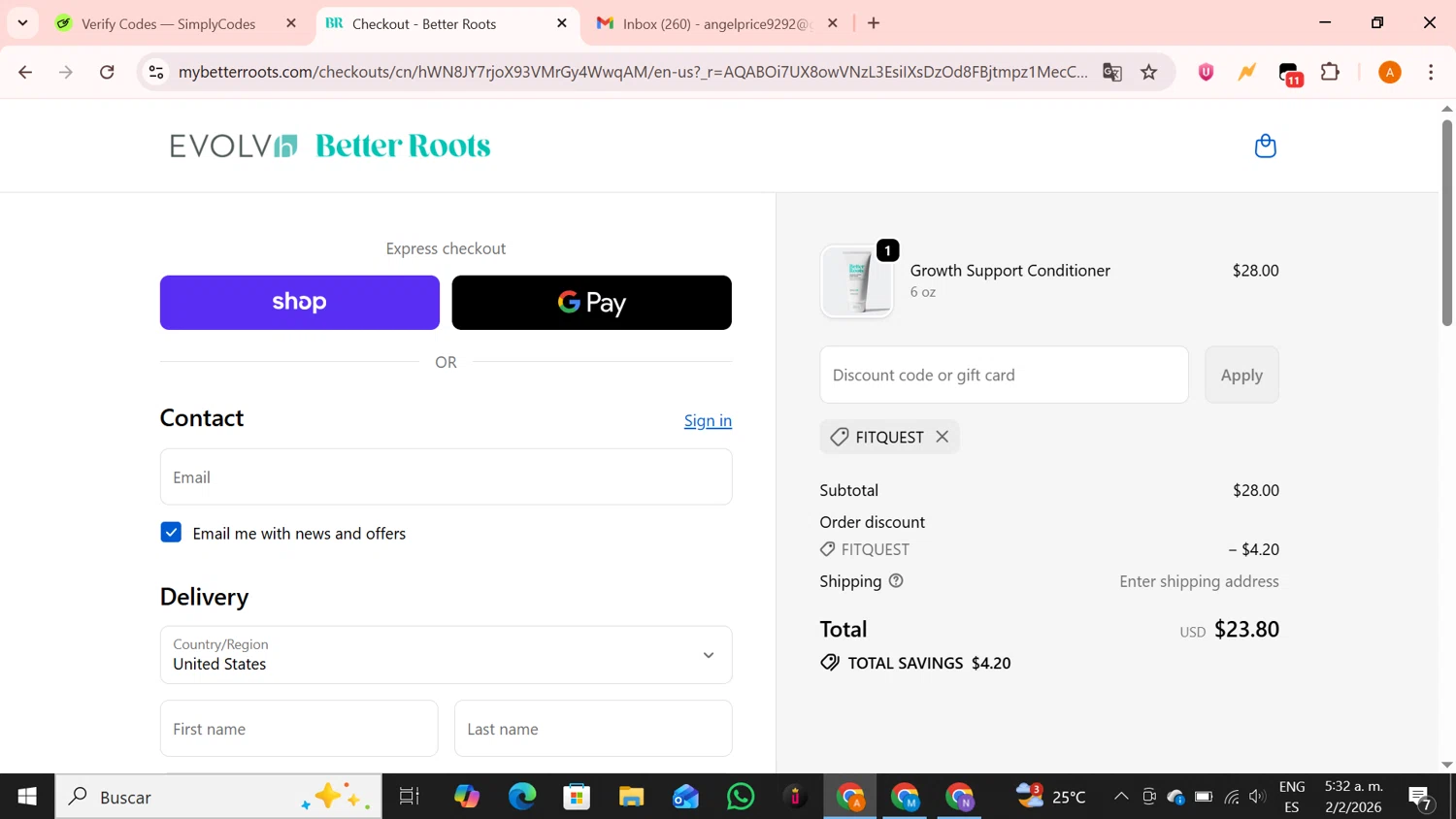 EVOLVh checkout page showing EVOLVh coupon code box | Screenshot taken by SimplyCodes community member on Feb 2, 2026
