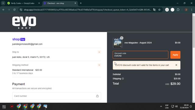 evo Magazine checkout page showing evo Magazine promo code box | Screenshot taken by SimplyCodes community member on Aug 21, 2024