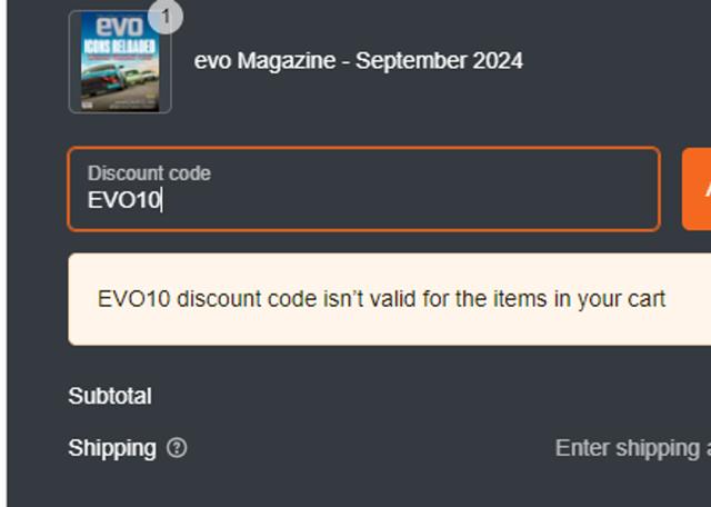 evo Magazine checkout page showing evo Magazine promo code box | Screenshot taken by SimplyCodes community member on Oct 18, 2024
