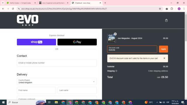 evo Magazine checkout page showing evo Magazine promo code box | Screenshot taken by SimplyCodes community member on Sep 19, 2024